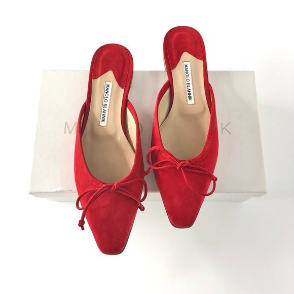 NIB Manolo Blahnik Bow Red Suede Slip On Mule Flats 39.5 - Picture 1 of 8